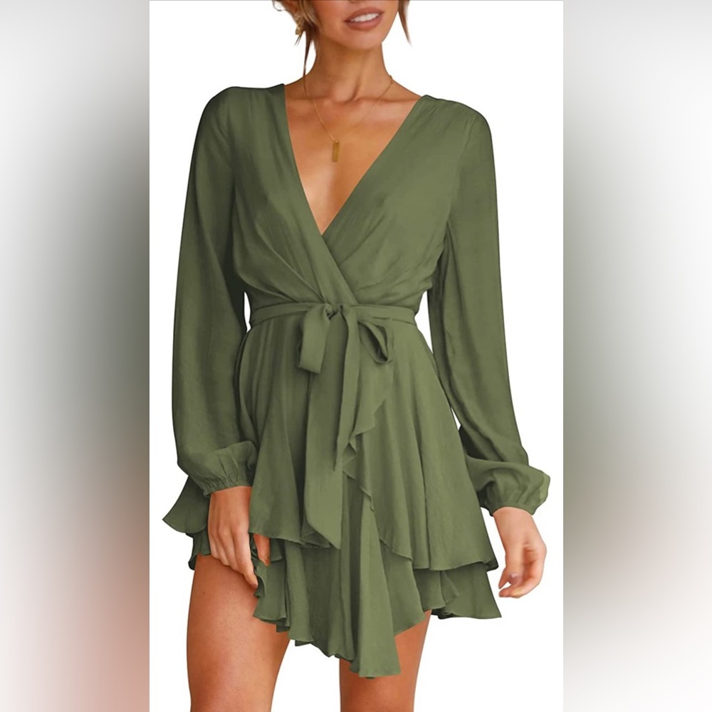 Womens Fit & Flare Boho Long Sleeve Mini Dress in Olive Green Size M